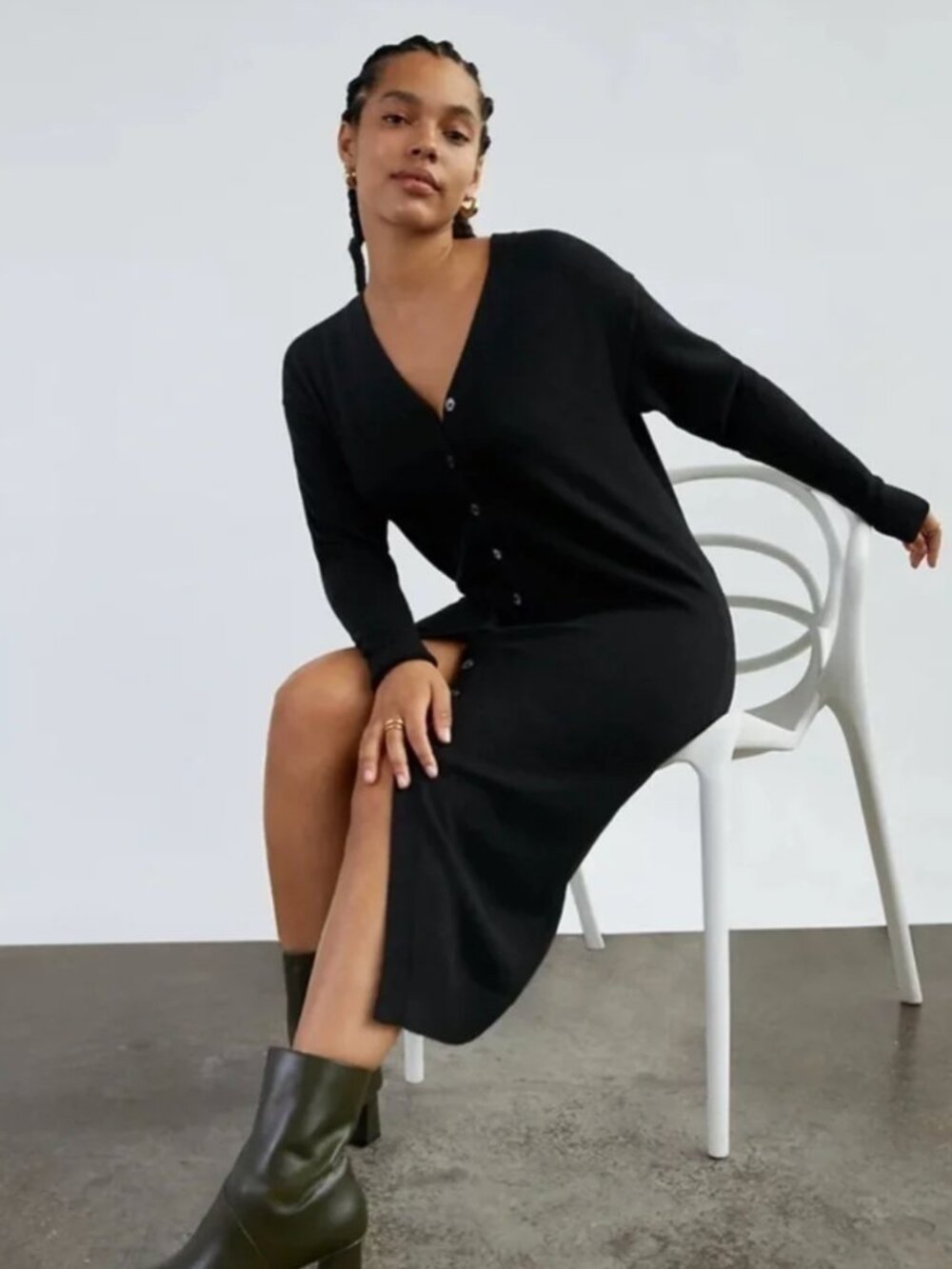 Aritzia Wilfred Utopia Sweater Dress XS Black Merino Wool V-Neck Button Front